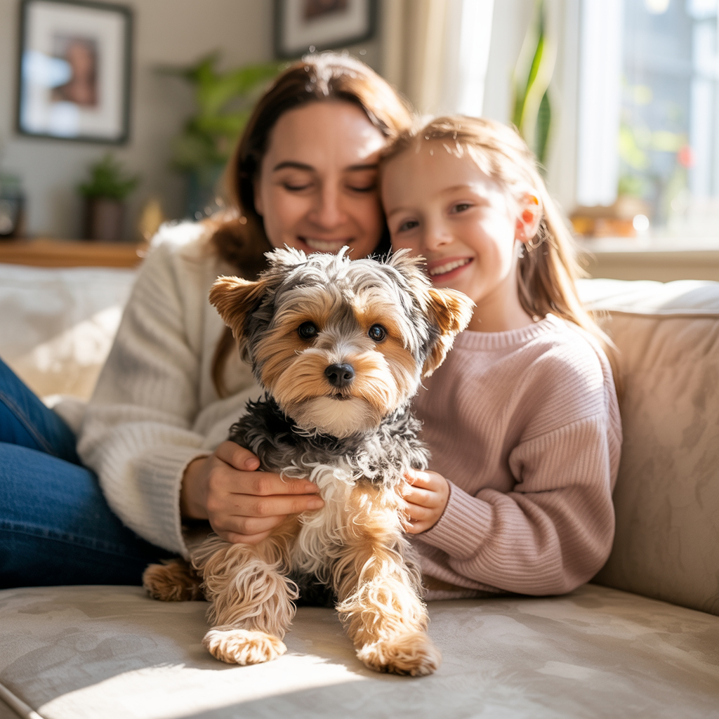Mother and daughter cuddling their Yorkshire Terrier on the sofa in a sunlit living room.