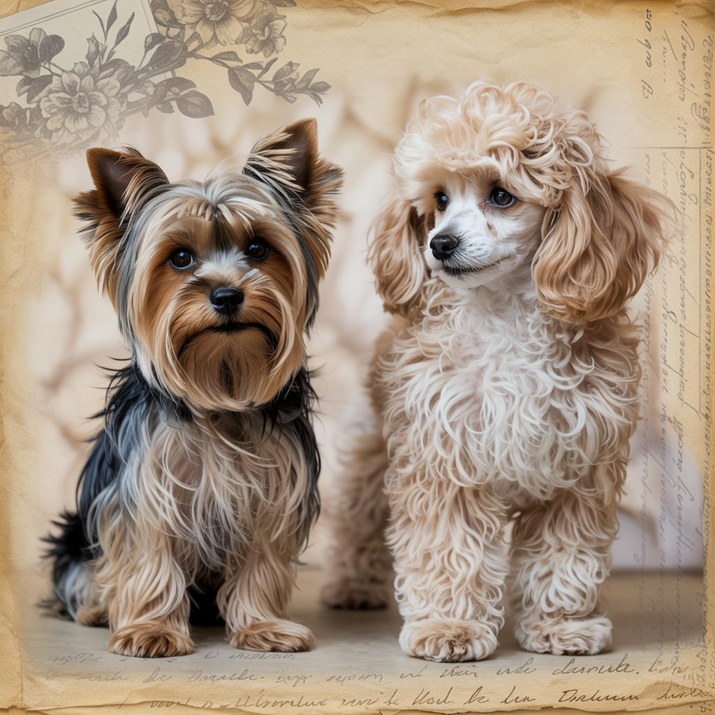 Yorkie and Poodle standing side by side against a floral vintage background