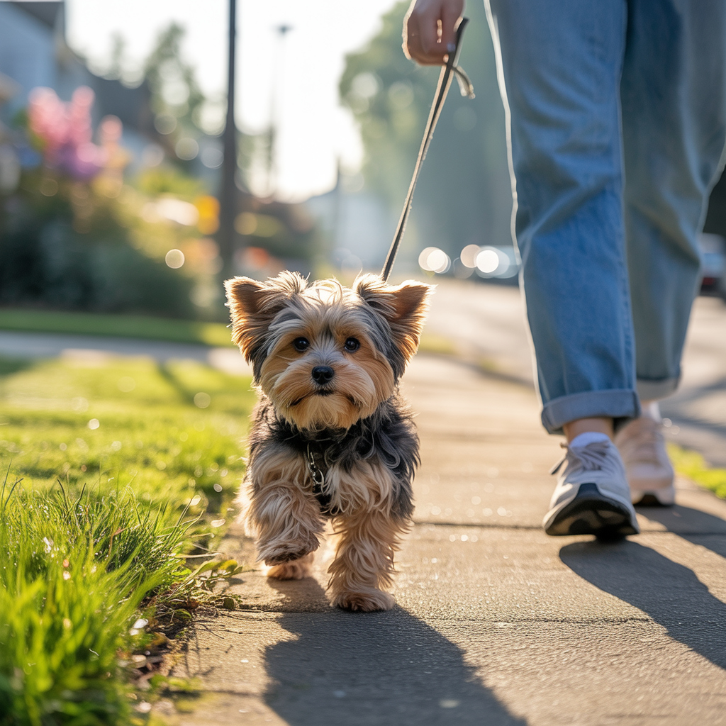 Yorkie Poo walking on a sidewalk during a sunny morning walk with its owner.