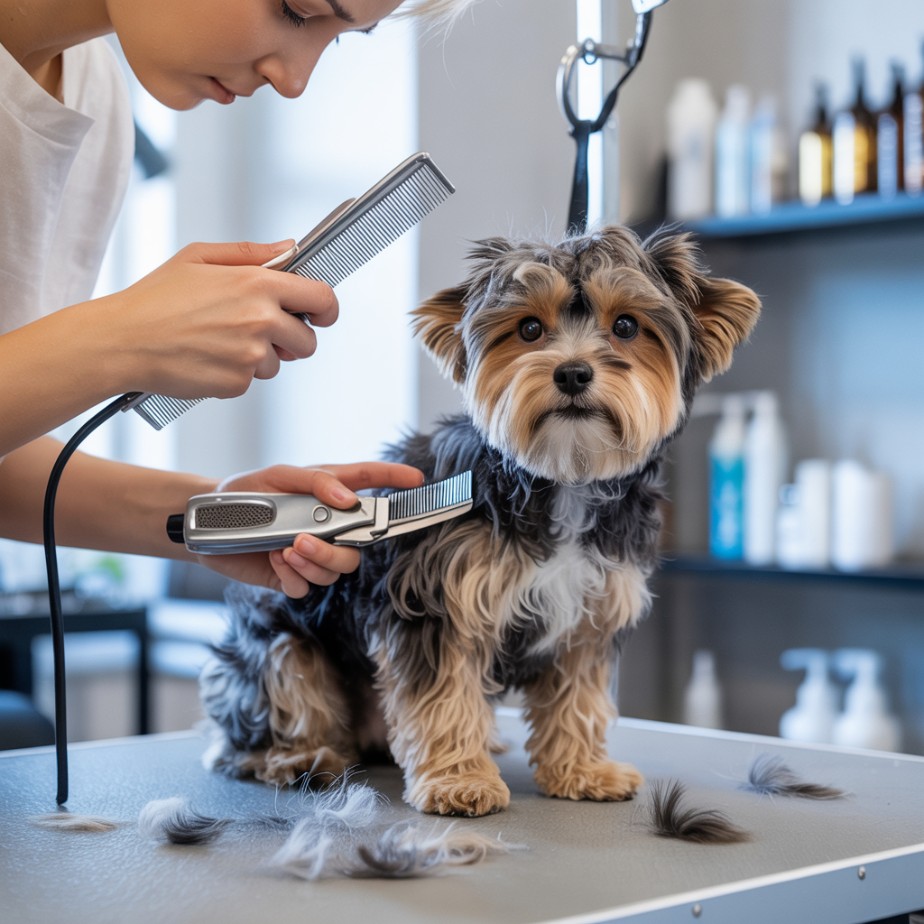 Dog groomer trimming a Yorkshire Terrier’s fur on a grooming table.