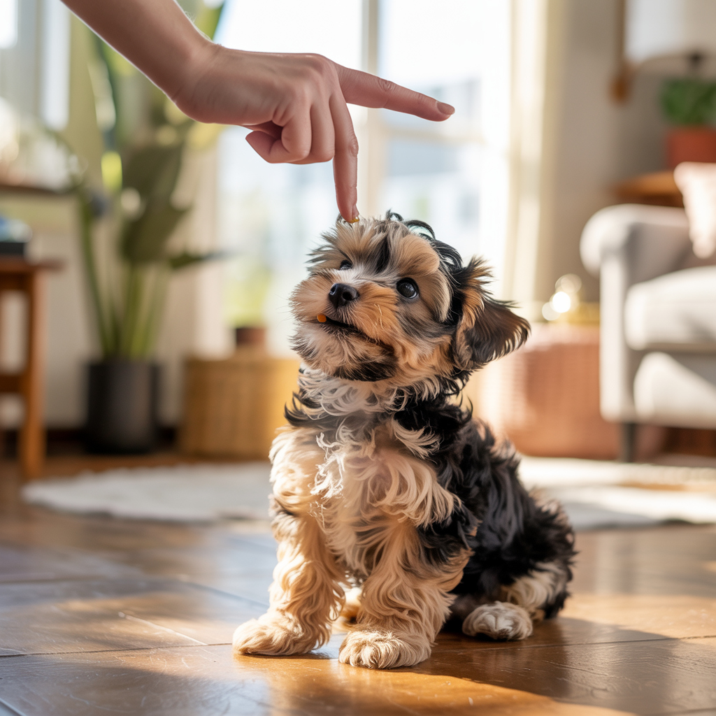 Yorkie Terrier puppy focusing on a hand gesture during indoor training with a treat on its nose.