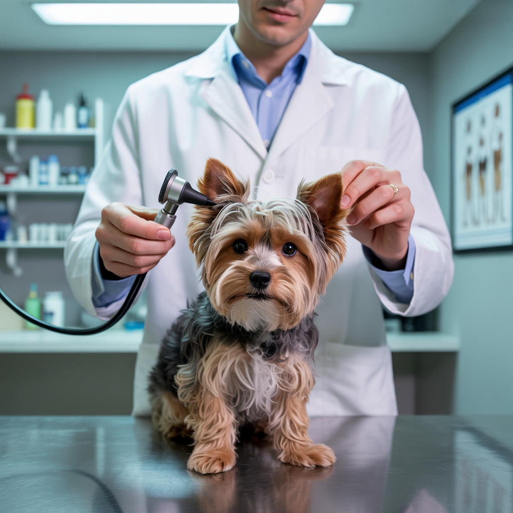 Veterinarian examining a Yorkie Poo’s ear using an otoscope in a clinic.