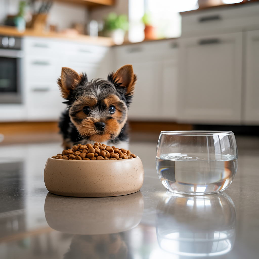 A Yorkie pup ready to dine healthy kibble and fresh water for growing puppies.