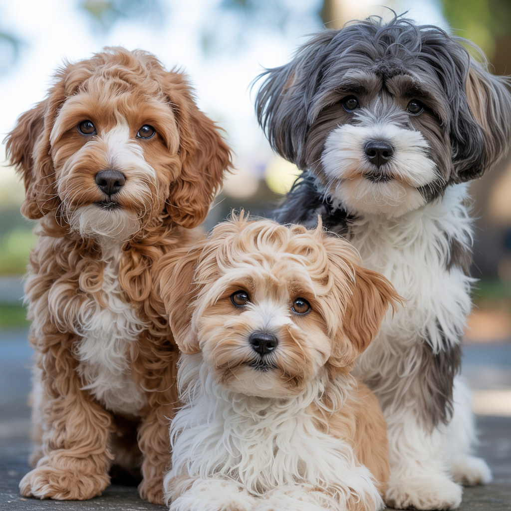 Trio of cuteness doodle mix puppies showing off their soft curls and friendly eyes