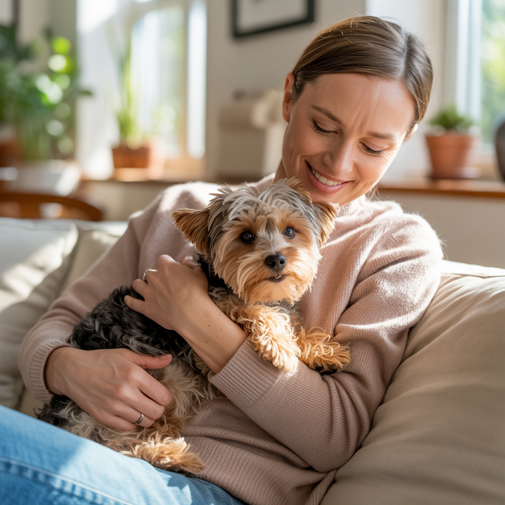 A woman lovingly holding her Yorkie on a couch while smiling