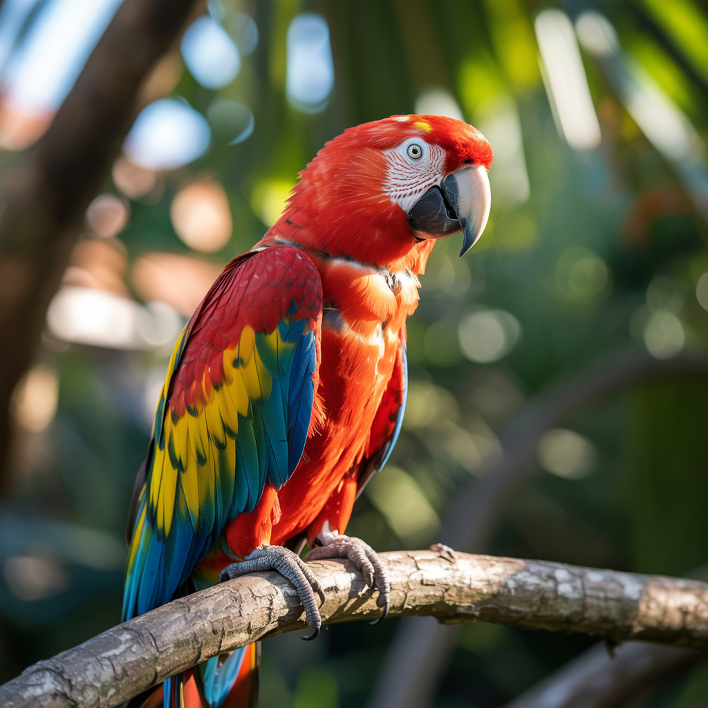 Vibrant male parrot showing bright feathers in sunlight.