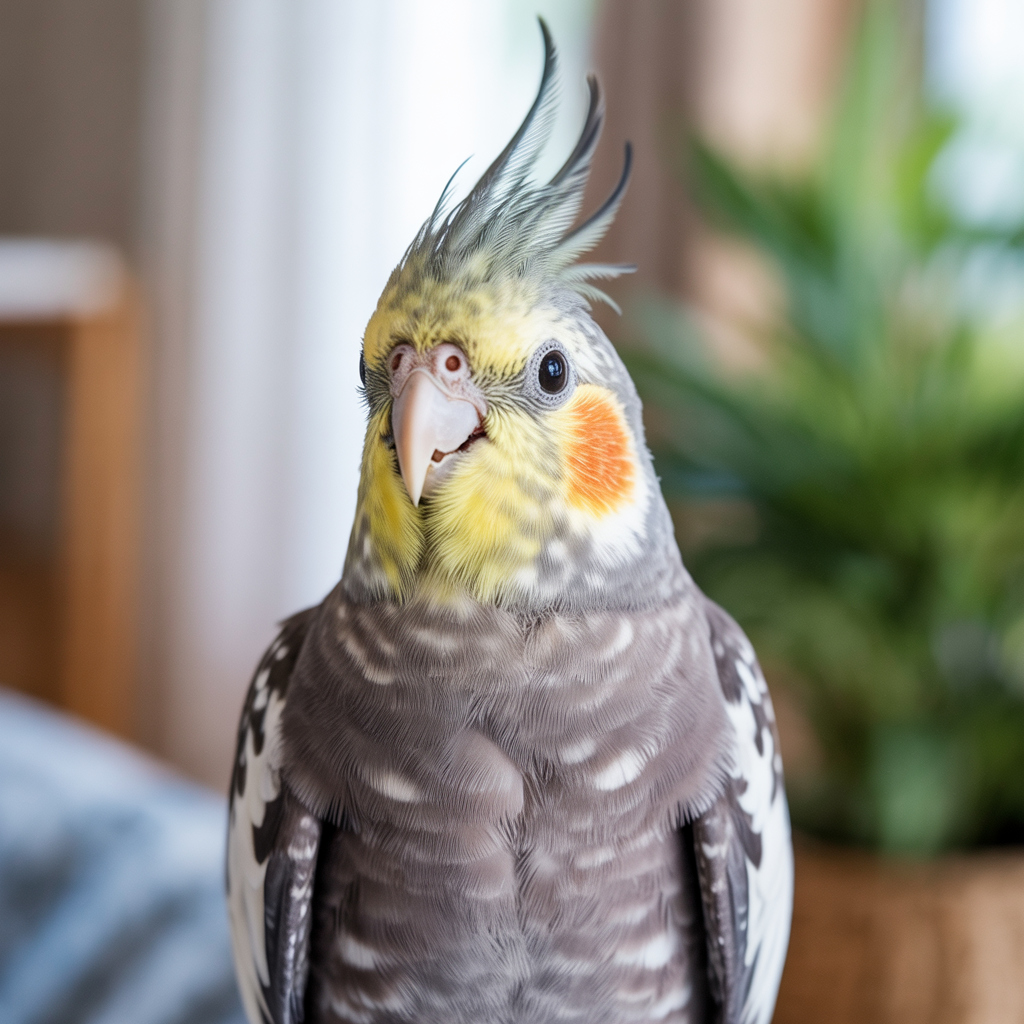 Close-up of a female cockatiel with pastel feathers and curious expression.