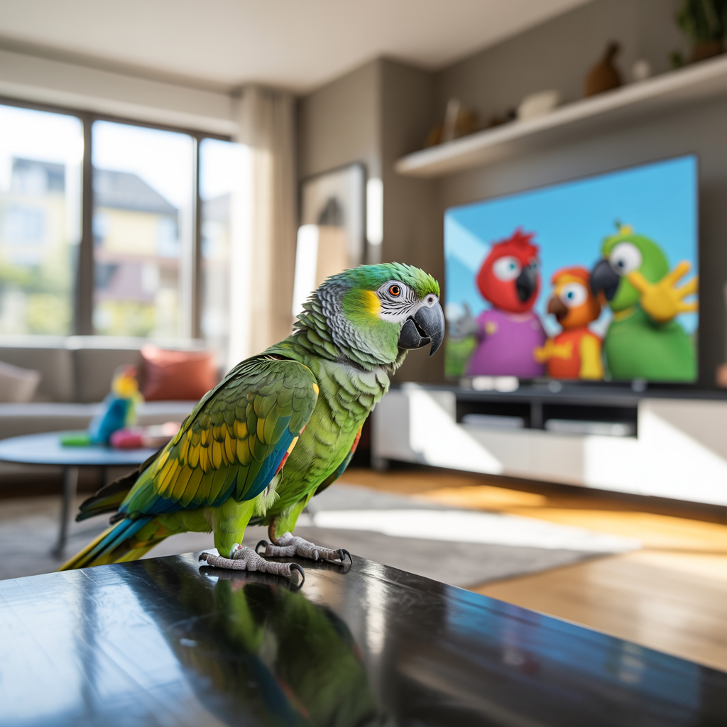 Parrot watching cartoons on TV, symbolizing pop-culture inspired bird names.