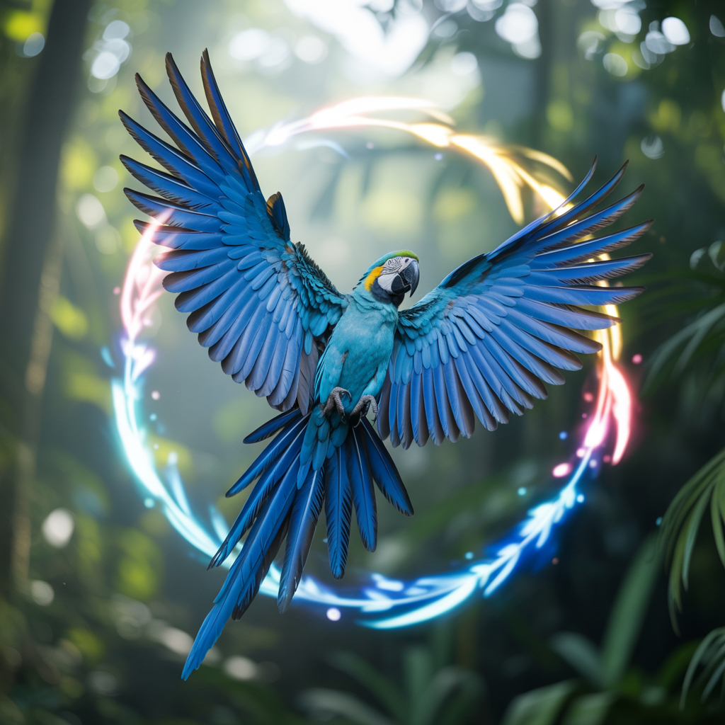 Blue macaw in flight with Pokémon-style glowing aura.