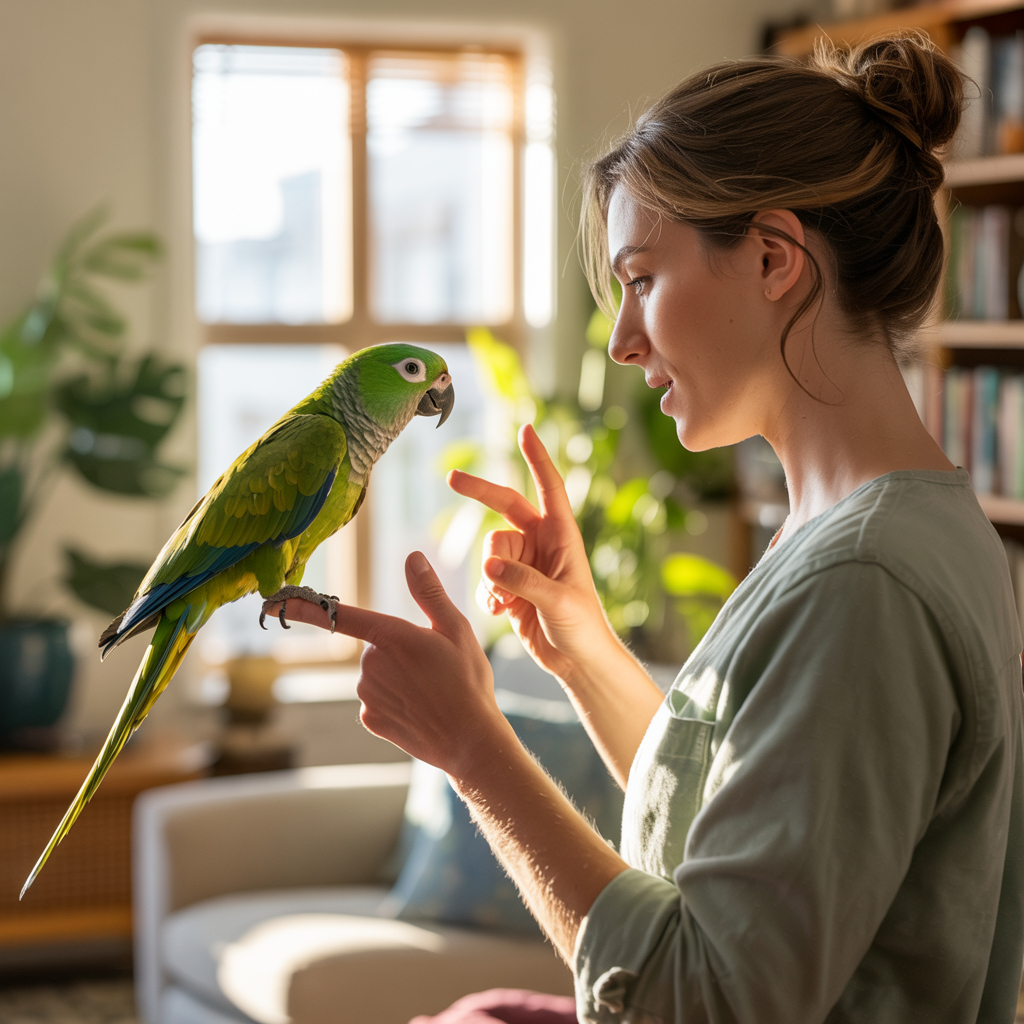 Owner training parrot on finger perch while repeating name aloud.