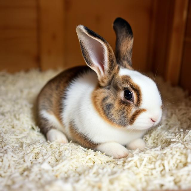 Content rabbit resting on clean bedding inside a freshly cleaned hutch