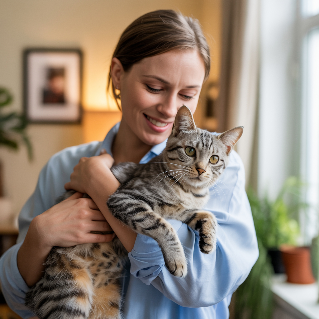 Smiling owner holding affectionate tabby cat indoors