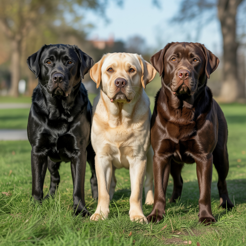 Black, yellow, and chocolate English Labrador Retrievers standing together showing color variations