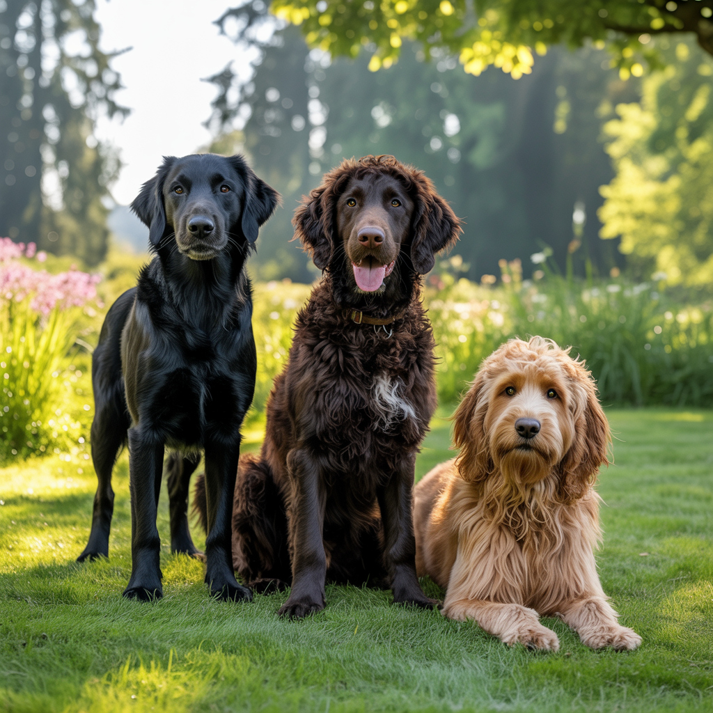 Flat-Coated Retriever, Curly-Coated Retriever, and Goldendoodle together outdoors.