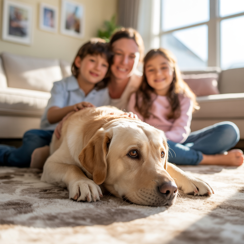 English Labrador Retriever resting peacefully with its family at home