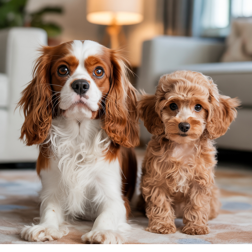 Cavalier King Charles Spaniel and Toy Poodle side by side showing breed origin of Cavapoo.