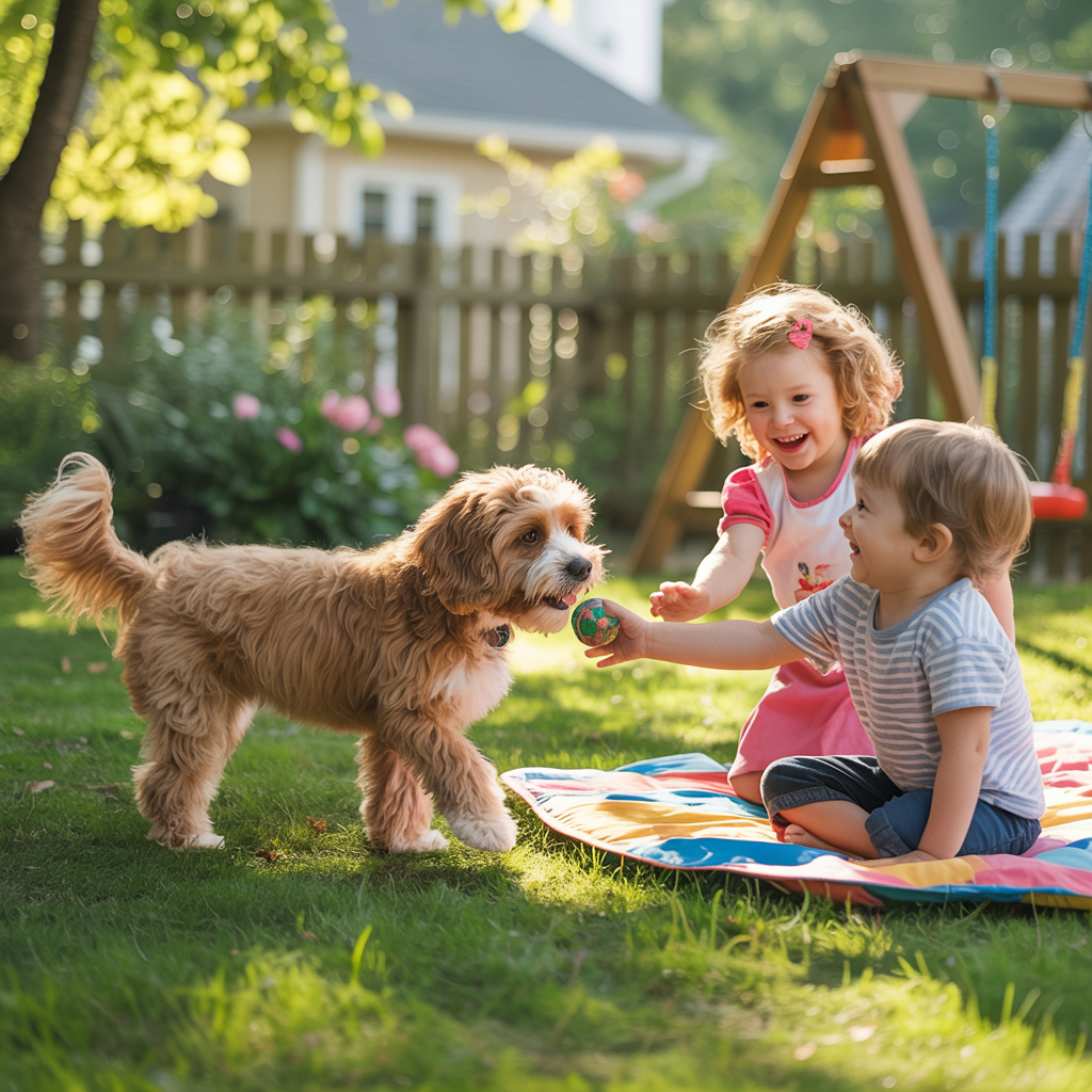 Cavapoo playing gently with children in a backyard representing affectionate temperament