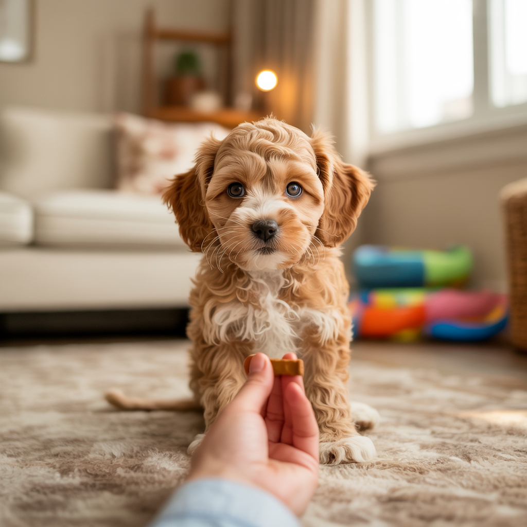 Cavapoo puppy sitting obediently during positive-reinforcement training session.