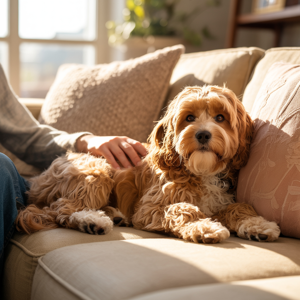 Cavapoo resting peacefully with owner symbolizing love and loyalty