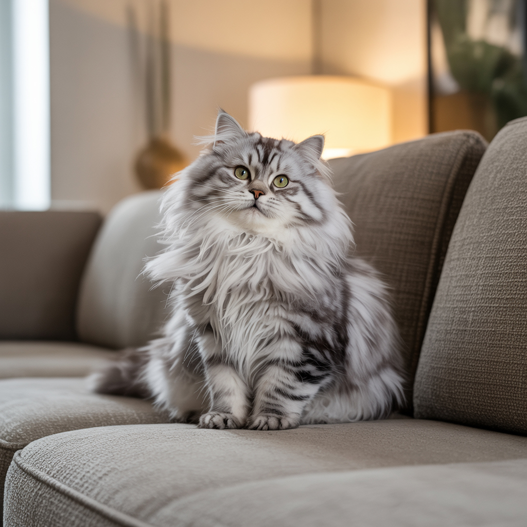 Fluffy Siberian cat with long triple coat sitting on a sofa.