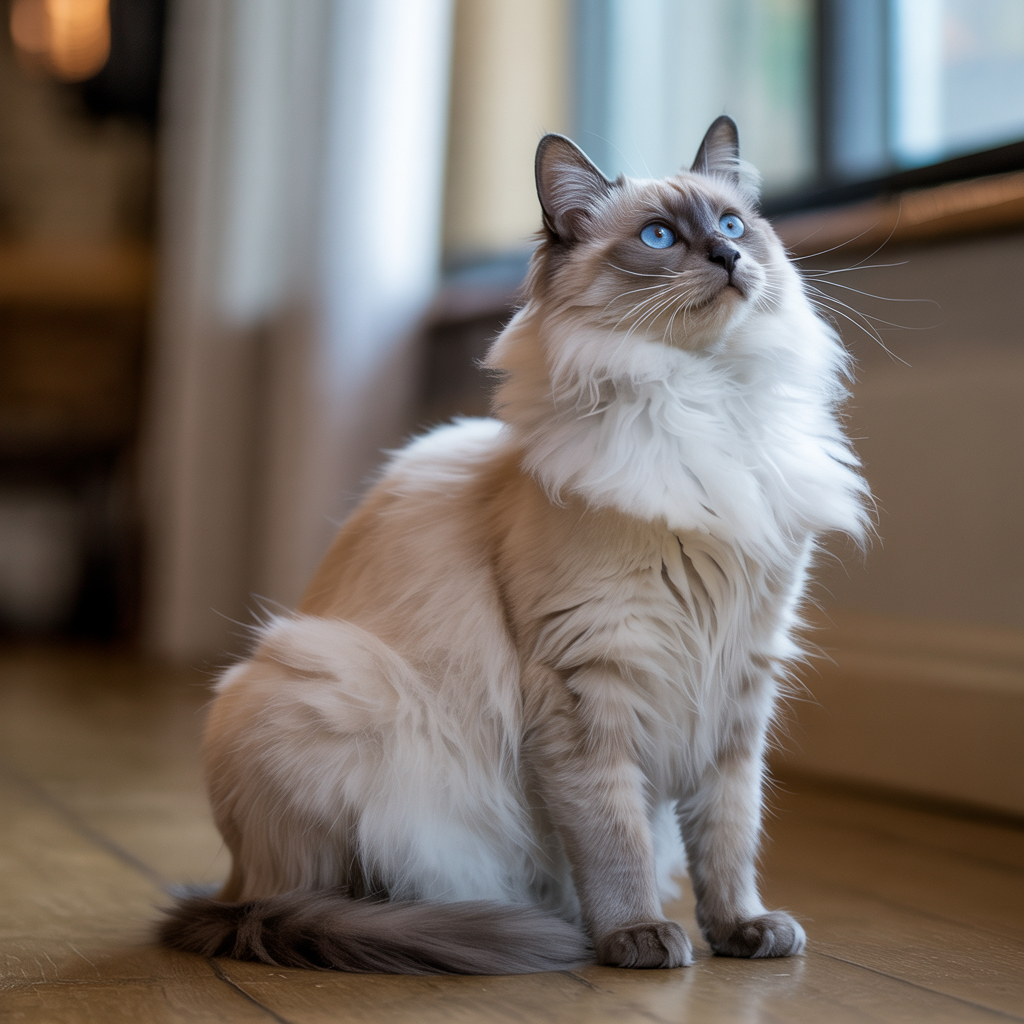 Balinese cat with blue eyes and silky coat looking upward