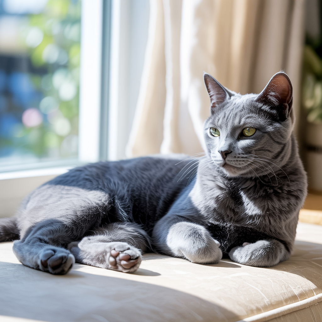 Russian Blue cat with silver-blue fur resting near window light.