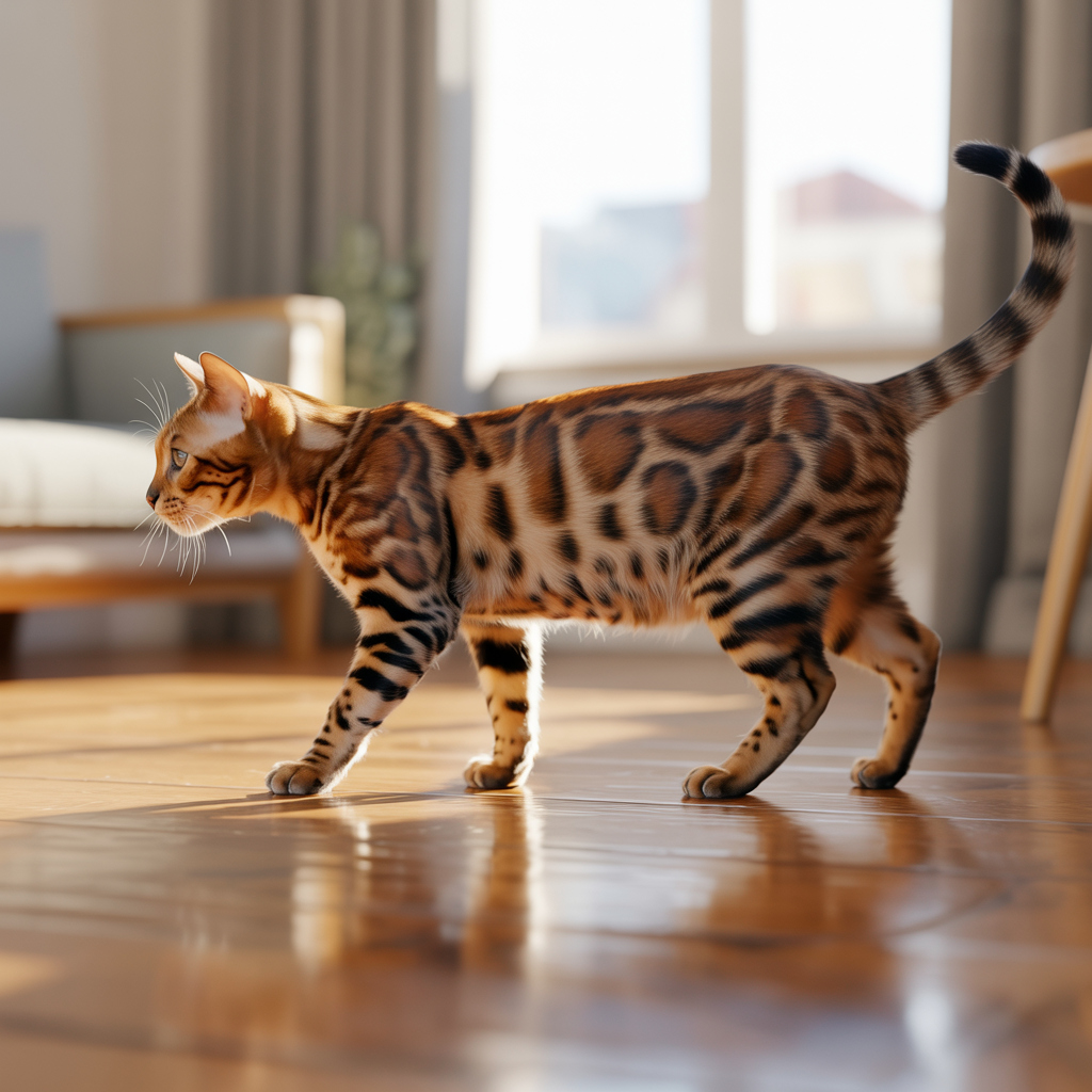 Bengal cat with rosette spots walking on a wooden floor