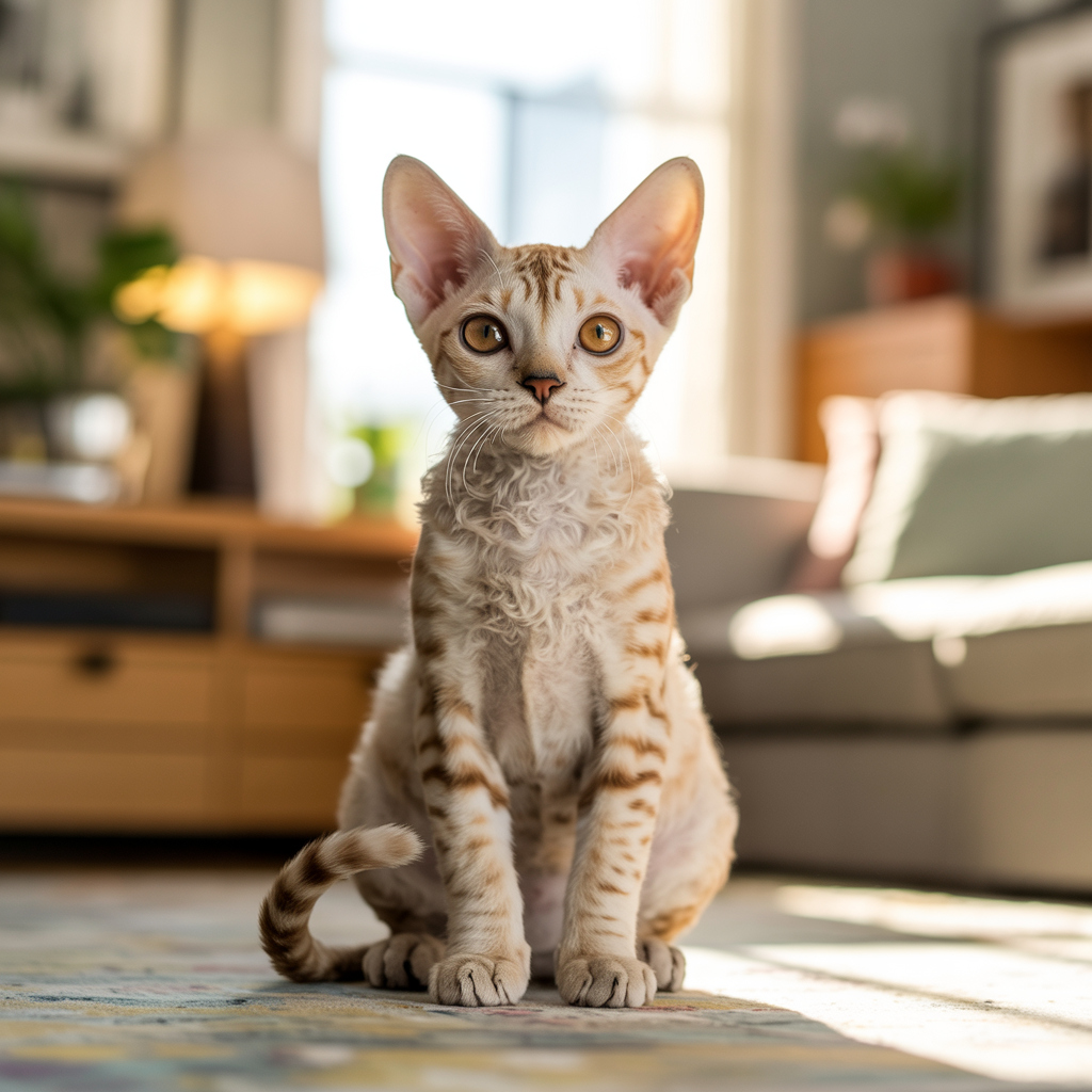 Devon Rex cat with short curly coat sitting alertly
