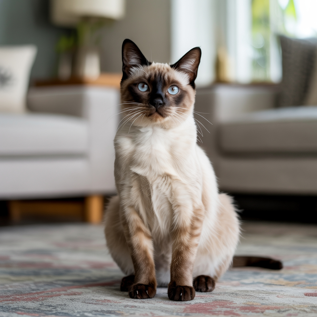 Siamese cat with cream body and dark points looking at camera.