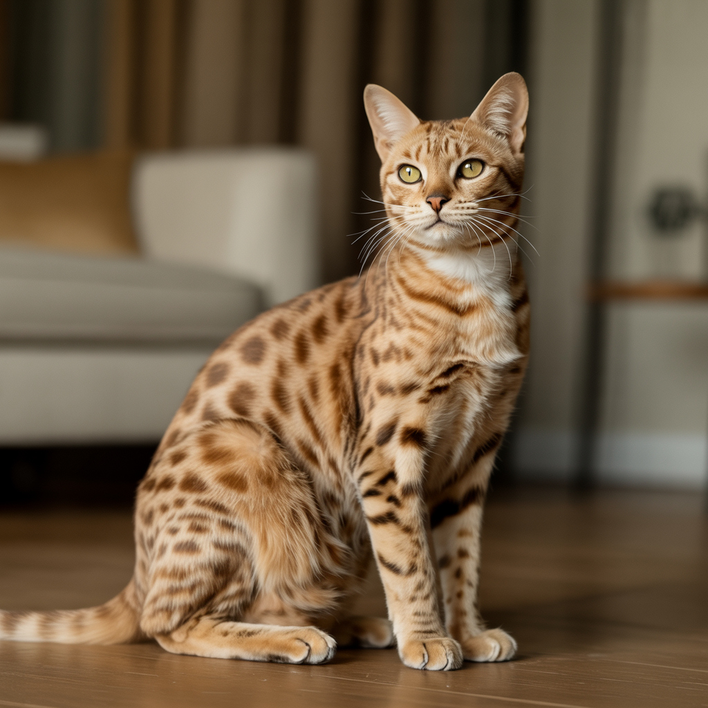 Ocicat with golden spotted coat sitting confidently