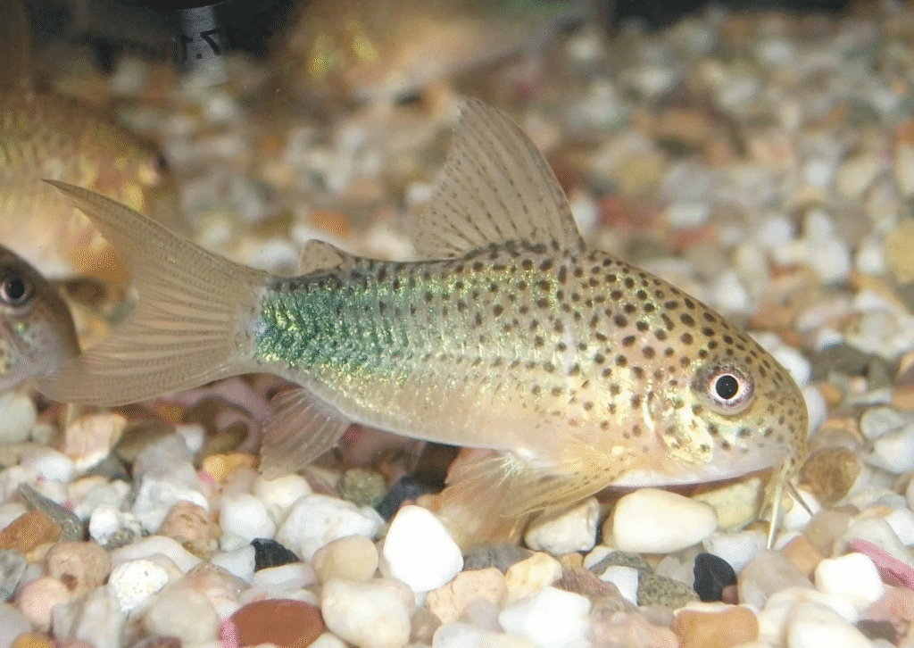 Corydoras similis catfish with small spotted pattern and iridescent blue-green body resting on aquarium gravel