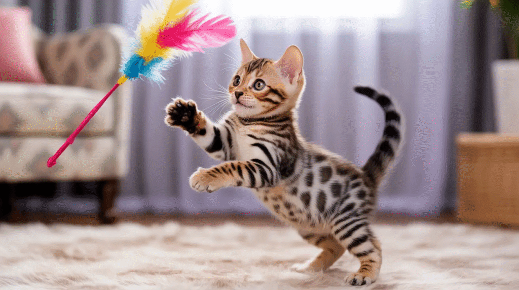 Energetic Bengal kitten playing with a colorful feather toy indoors