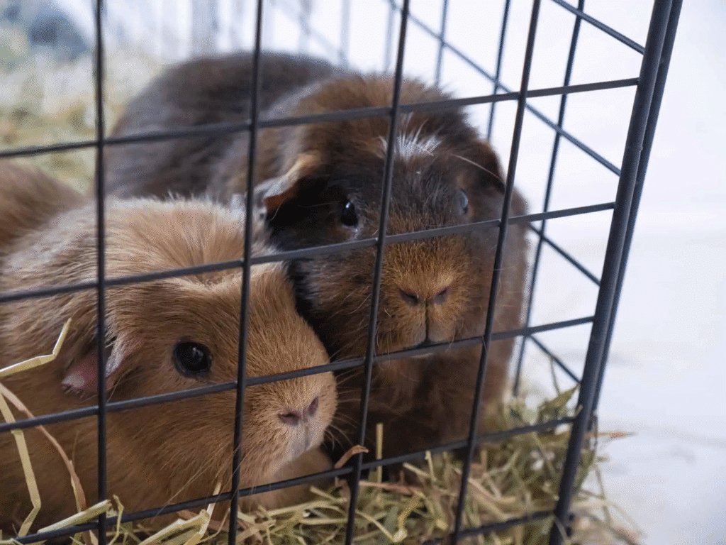 Two guinea pigs cuddling together in a cage on straw bedding