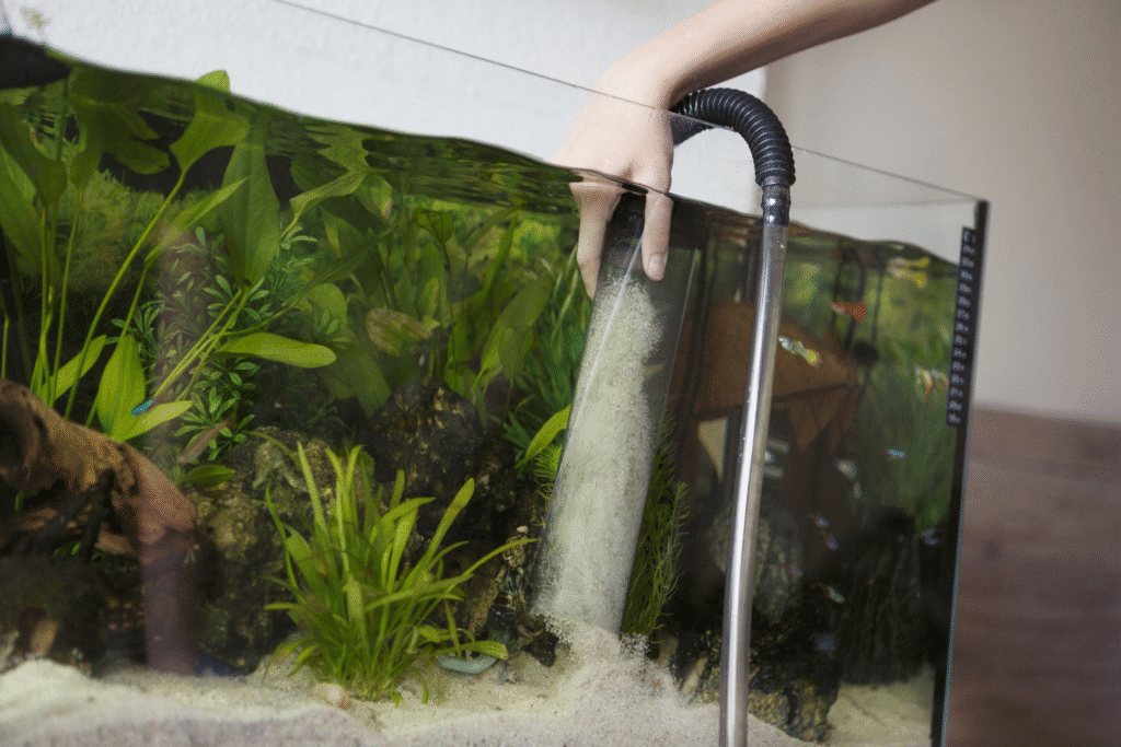 Aquarium gravel vacuum cleaning substrate during a water change