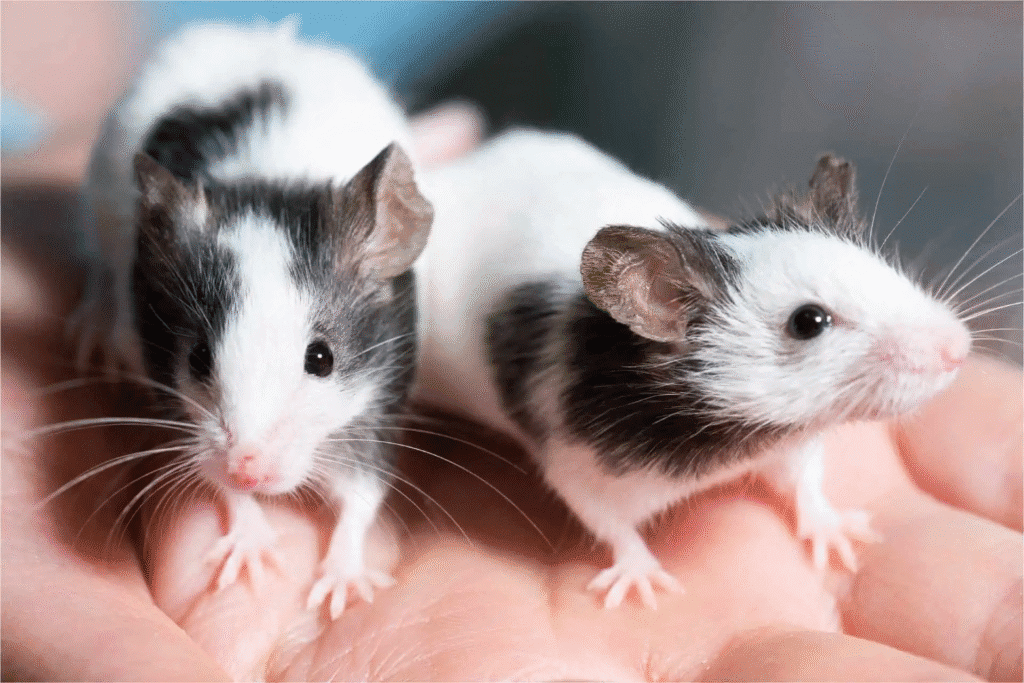 black and white pet mice resting on a human hand