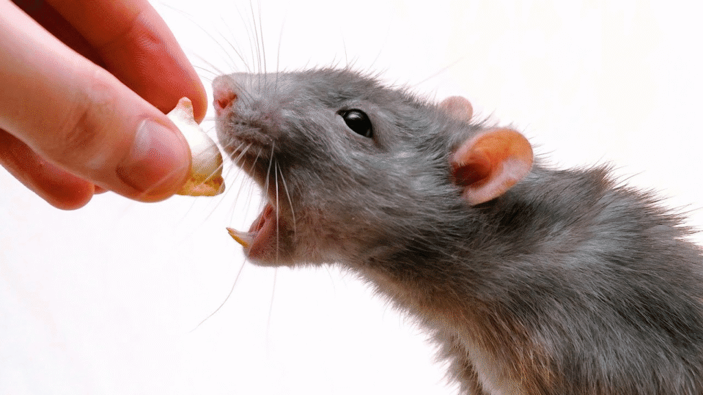 Gray pet rat eating a small treat from a person’s hand