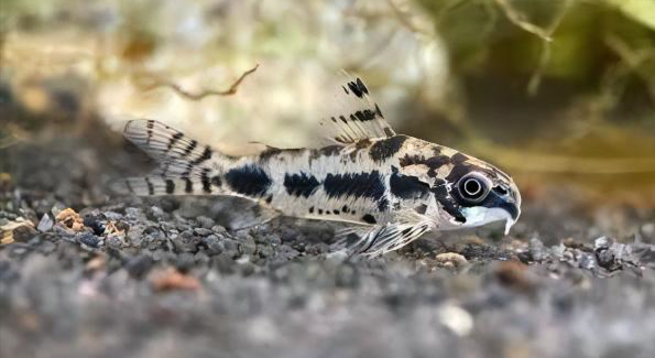 Salt and pepper corydoras resting on sand in a planted tank