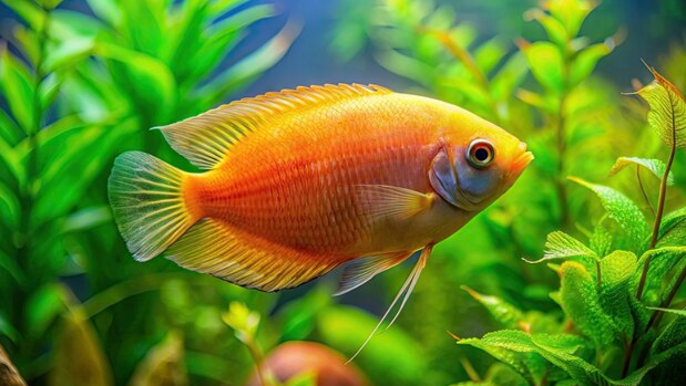 Honey gourami in a gentle, planted community aquarium