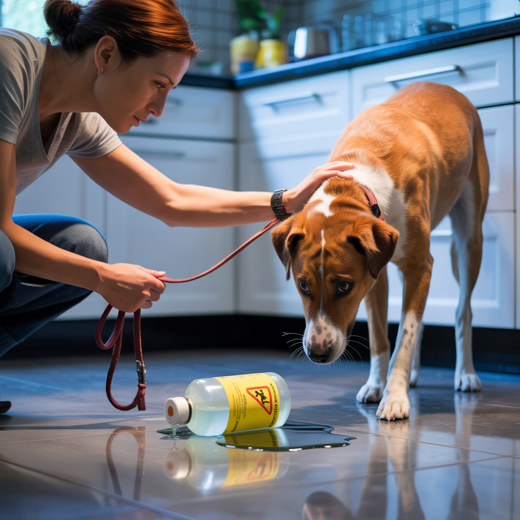 Dog guided away from spilled household cleaner