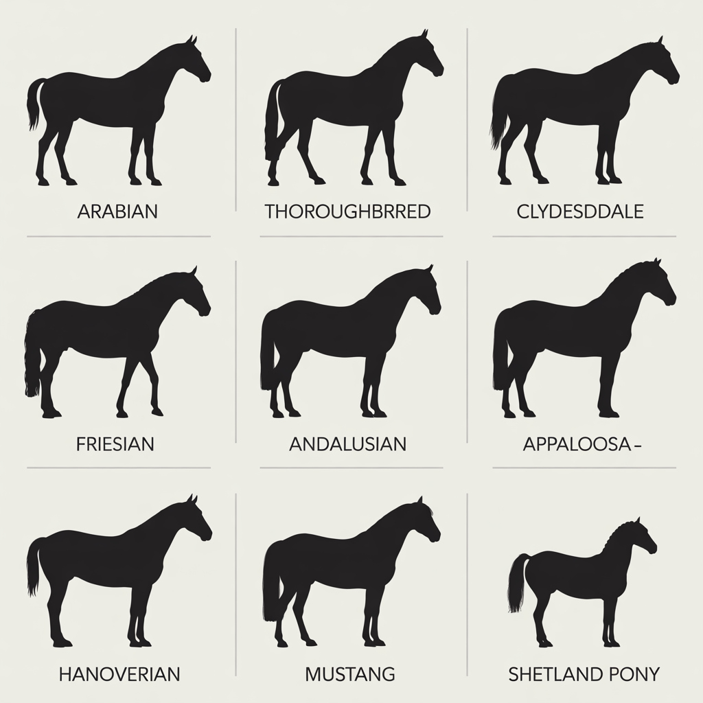 Infographic comparing height, build, and common uses of ten popular horse breeds.