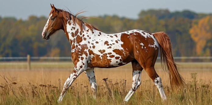 Appaloosa with mottled skin and spotted coat moving sure-footed on a trail.