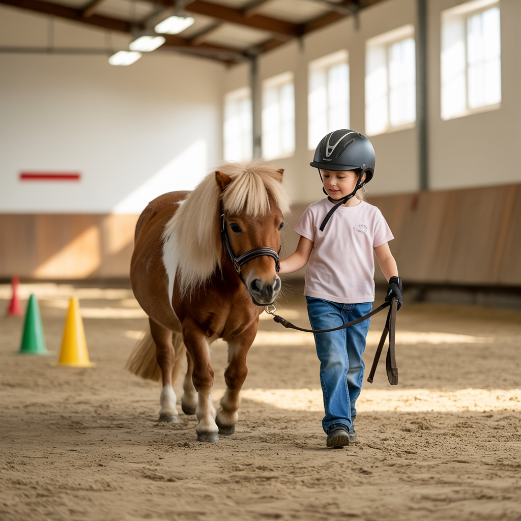 Shetland pony with dense coat being led by a child during a lesson.