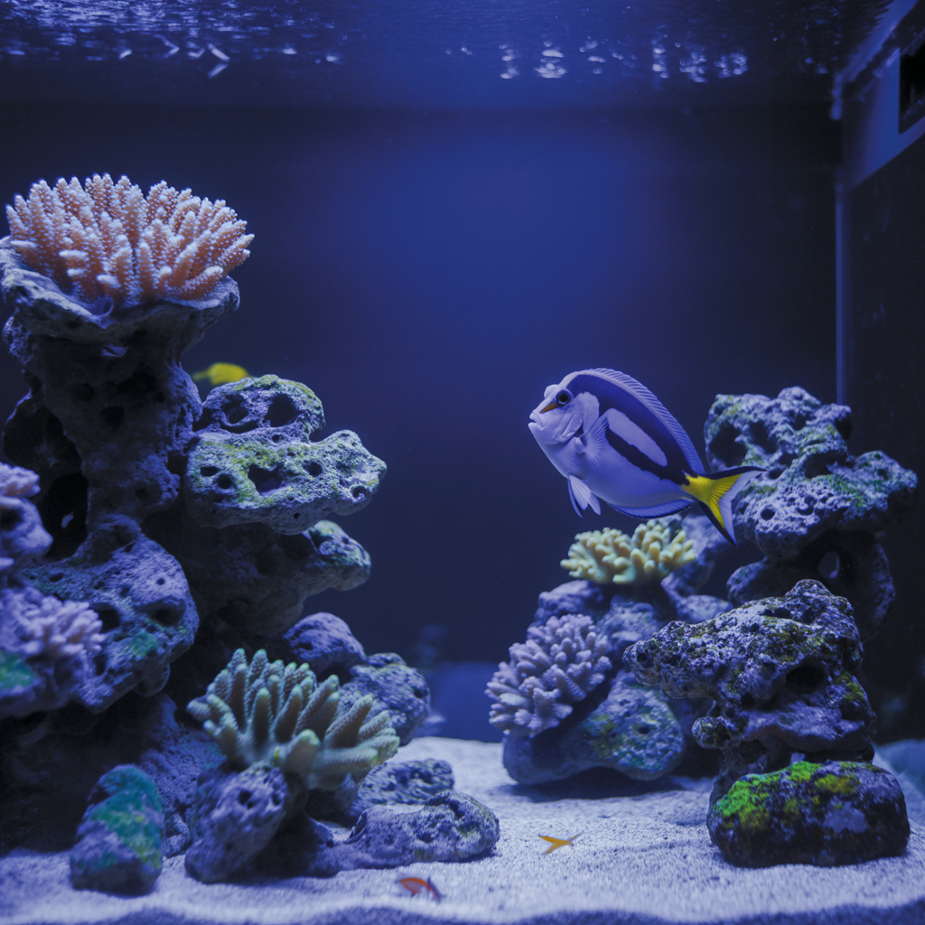 Rare saltwater show fish in a mature reef tank with vivid corals and deep-blue background.