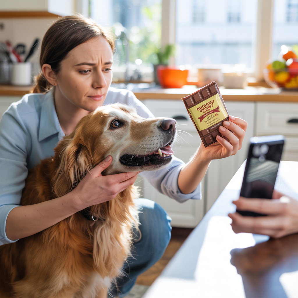Owner collecting chocolate label details after pet ingestion and communicating with the Vet