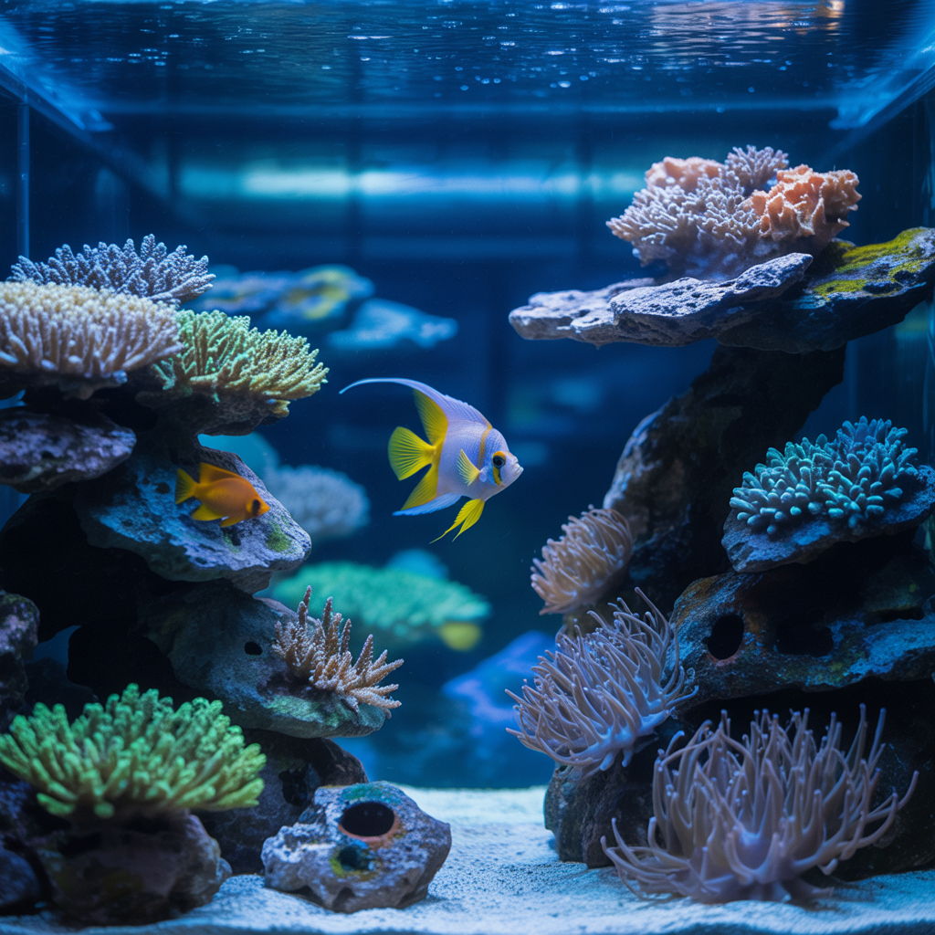 Large, stable reef tank with a single rare saltwater fish as the focal point.