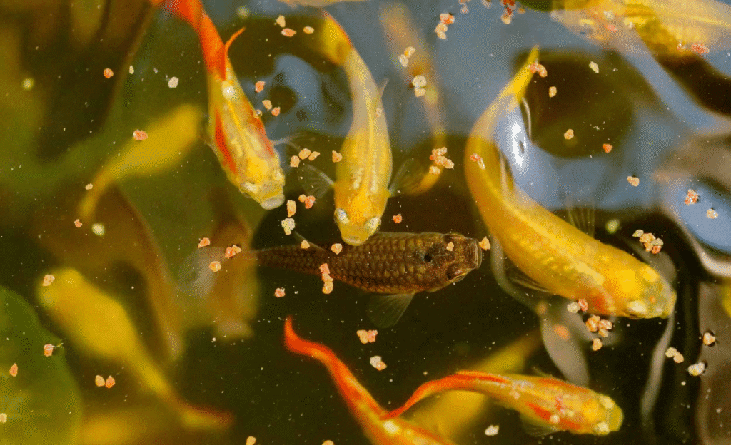 Tropical fish eating small food flakes in a pond or outdoor tank