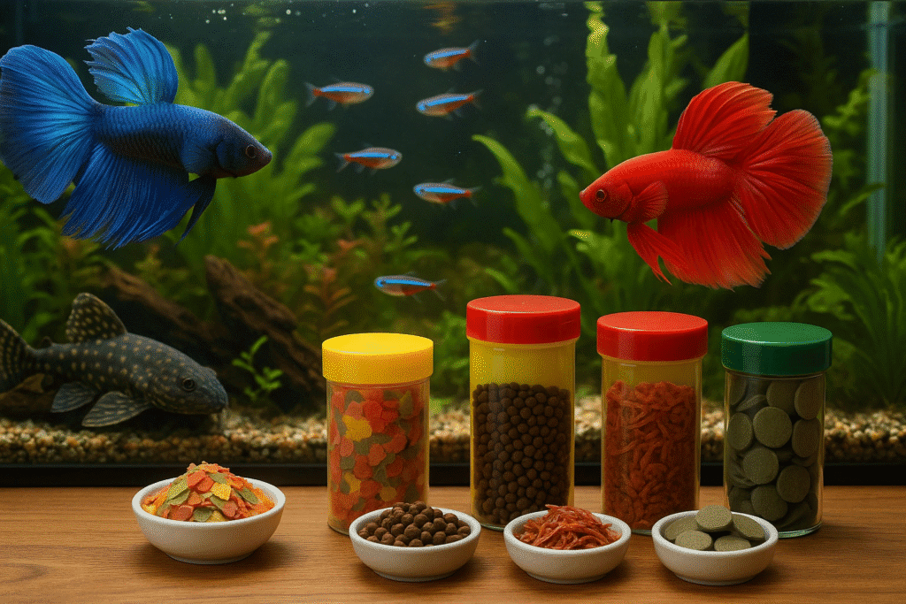 Variety of fish food types displayed in front of aquarium with Betta fish and tetras