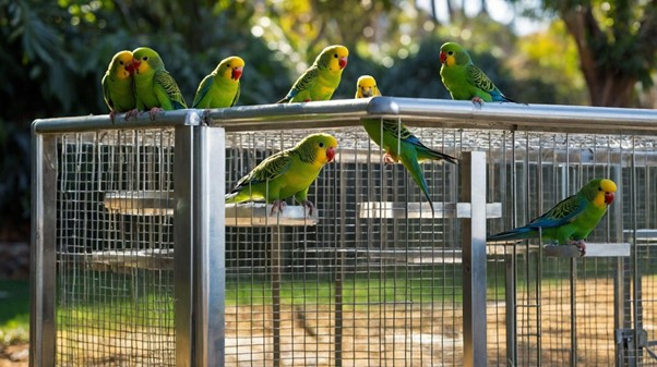 Group of green budgies sitting on top of an outdoor aviary