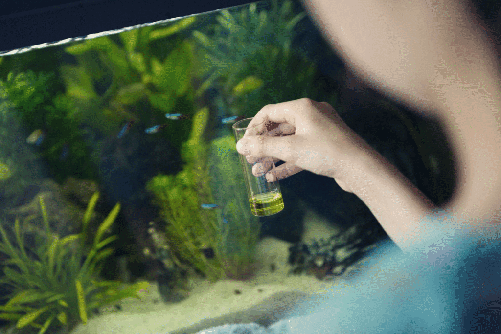 Hand holding a test tube while checking aquarium water quality in a planted tank