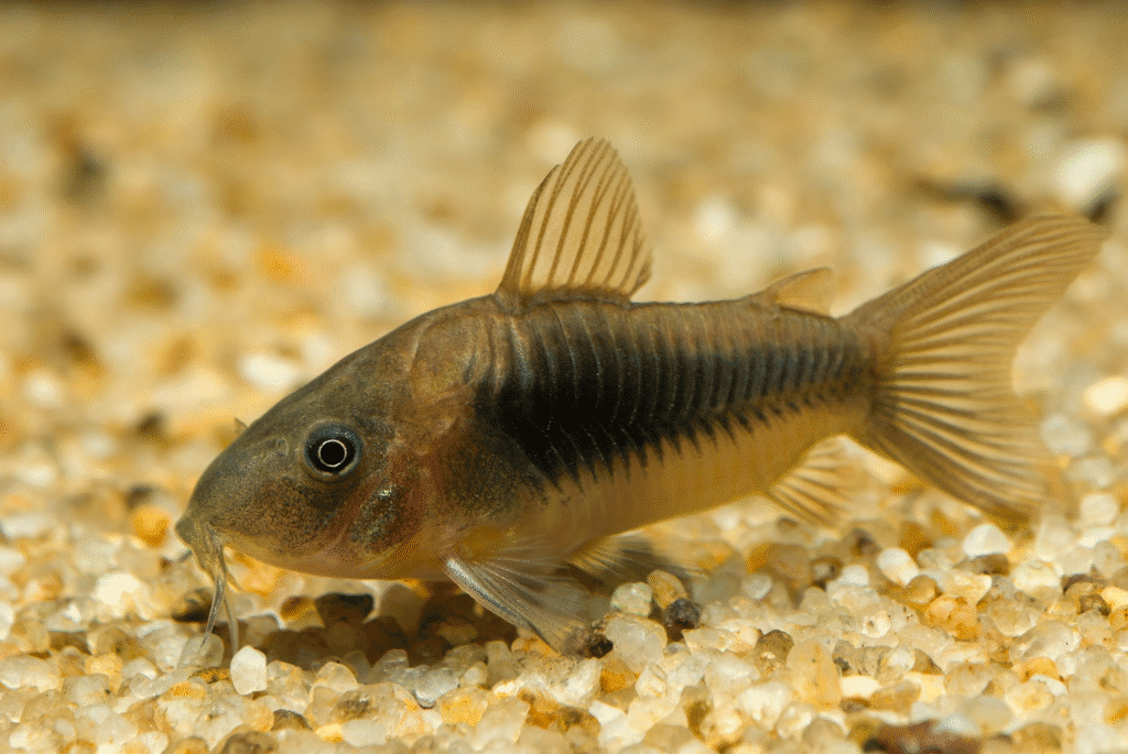 Bronze Corydoras with a dark stripe moving across light aquarium gravel